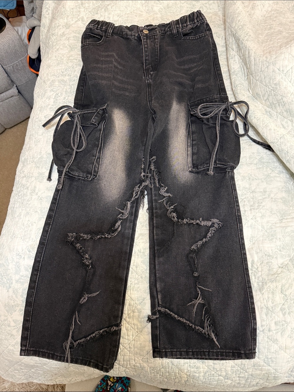 Black Distressed Cargo Jeans with Star Rips